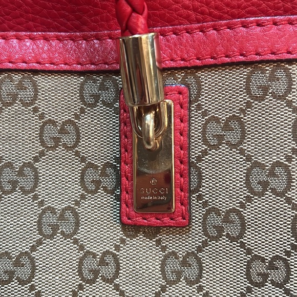 GUCCI BELLA TOTE BAG MONOGRAM CANVAS W/ RED LEATHER TRIM 100% AUTH. With wallet - Picture 3 of 12